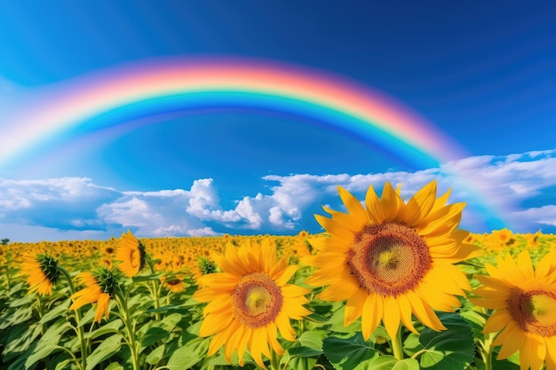 a rainbow over a field of sunflowers