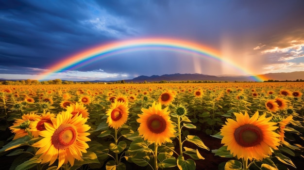 a rainbow over a field of sunflowers