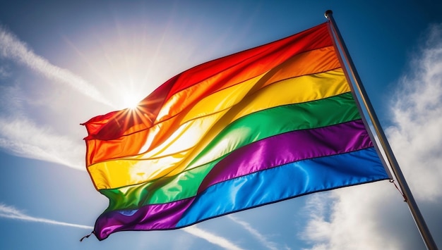 rainbow flag against a blue sky with the sun shining through the clouds