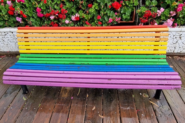 Rainbow flag bench after the rain in Valencia