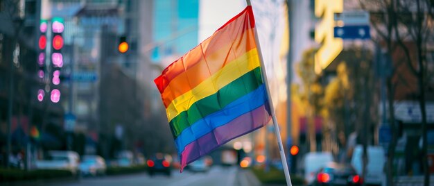 Rainbow flag on a city street vibrant colors against the urban backdrop symbolizing LGBTQ pride and visibility