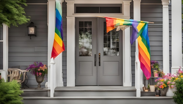 a rainbow flag hangs outside of a house