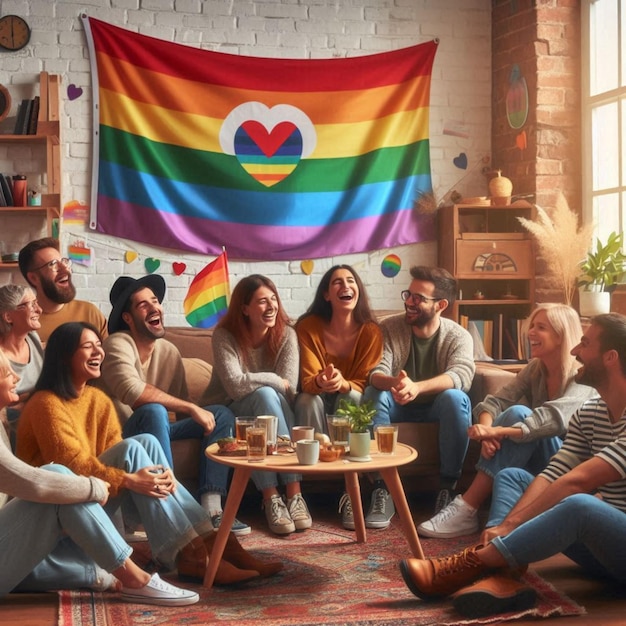 a rainbow flag hangs on a wall in a living room