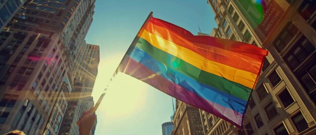 Rainbow flag held high at pride parade warm sunlit city diverse participants