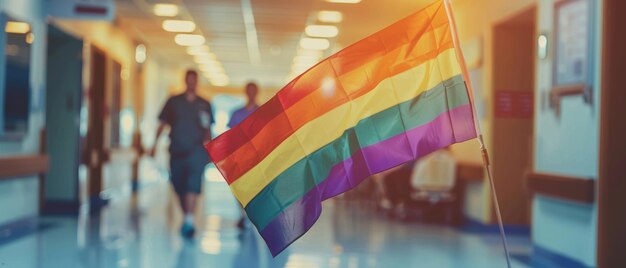 Photo rainbow flag in a hospital colors standing out among staff and patients symbolizing lgbtq pride and care