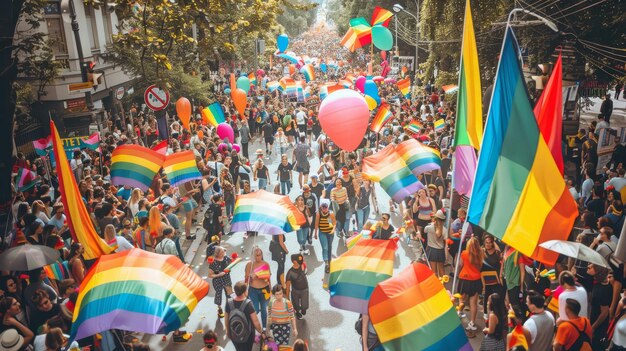 a rainbow flag is in the air in a parade