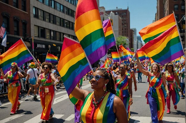 a rainbow flag is being carried in the parade