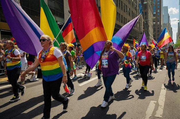 a rainbow flag is being carried in the parade