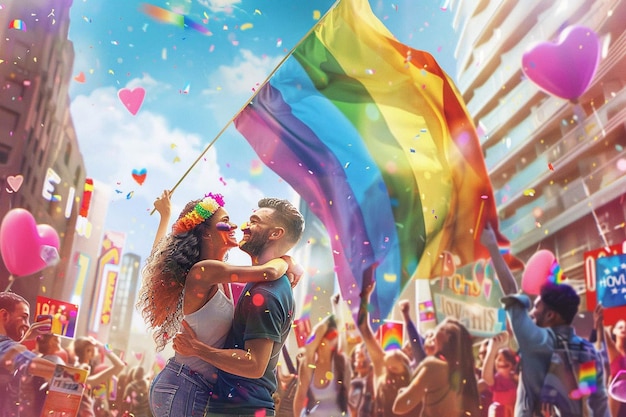 Photo a rainbow flag is being held by a couple in front of a crowd of people