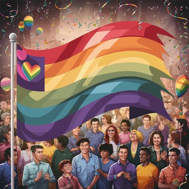 A rainbow flag is being held by a group of people