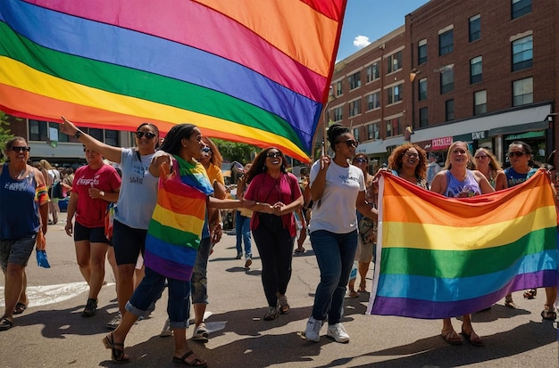 a rainbow flag is being held in a parade