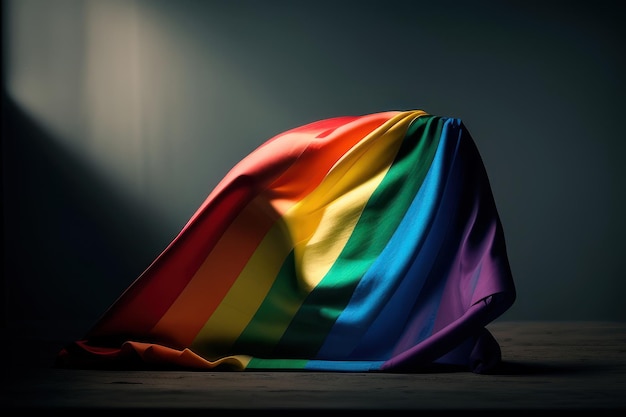 A rainbow flag is draped over a woman's head.