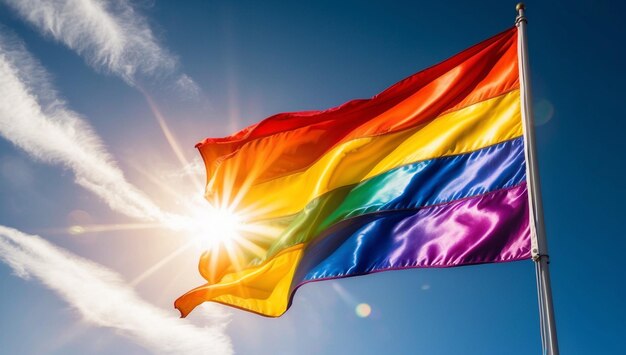 a rainbow flag is flying in the sky with the sun behind it