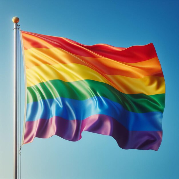 a rainbow flag is flying in the sky