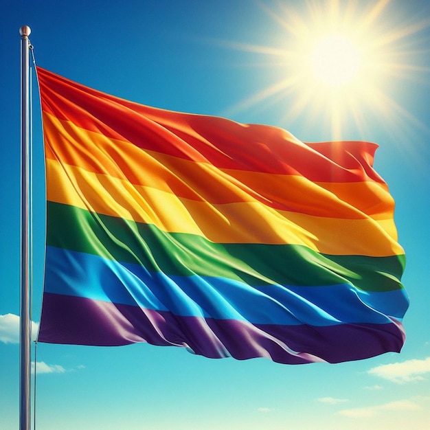 a rainbow flag is flying in the sky