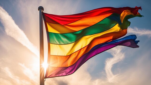 a rainbow flag is flying in the sun