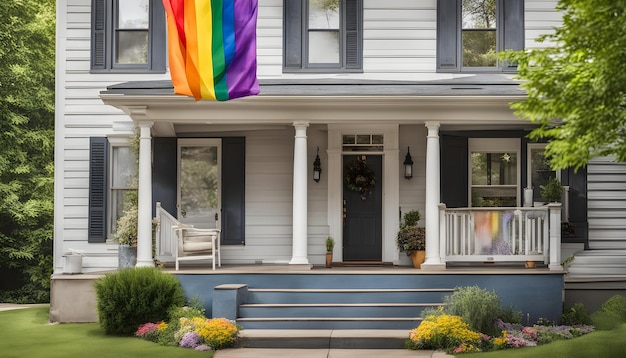 a rainbow flag is hanging from a house