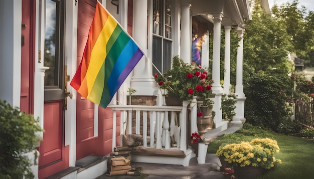 a rainbow flag is on a house in the country