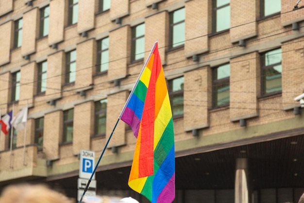 Rainbow flag in the Pride Parade in the Kyiv, Ukraine. Concept LGBTQ.