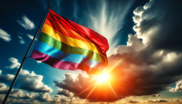 Rainbow flag waving in sky illuminated by sunlight symbolizing freedom pride LGBTQ community