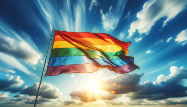 Rainbow flag waving in sky illuminated by sunlight symbolizing freedom pride LGBTQ community