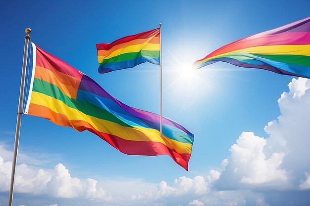 Rainbow flag waving in the sky wallpaper with copy text space