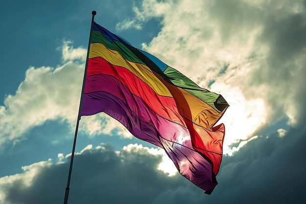 Rainbow flag waving in the wind against a blue sky with clouds