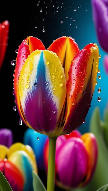 Photo a rainbow flower is shown with rain drops on the petals