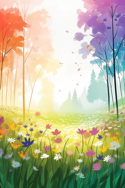 A rainbow of flowers in a forest