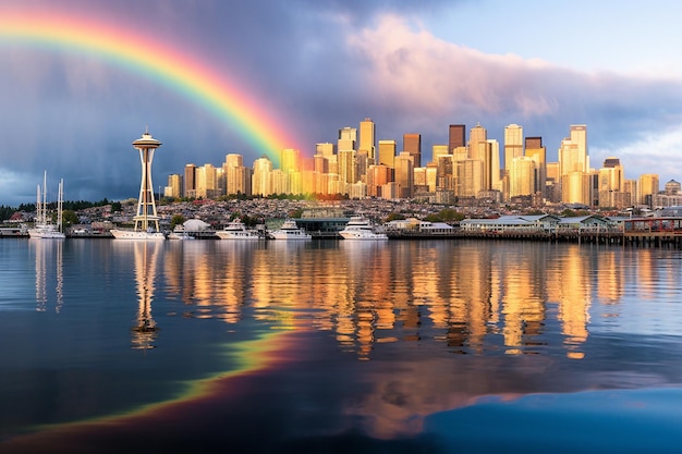 A rainbow forming over a city skyline after a rain shower