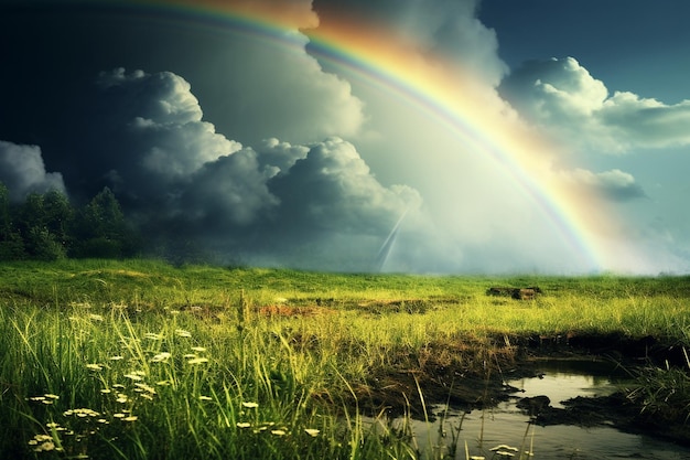 A rainbow forming over a coastal marshland