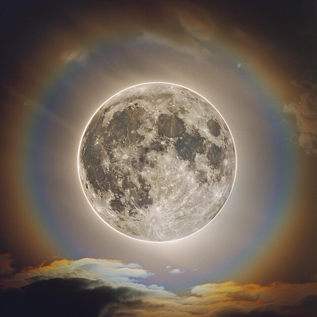 Photo rainbow forming a perfect circle around the full moon