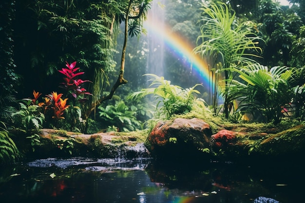 A rainbow forming over a waterfall in a forest