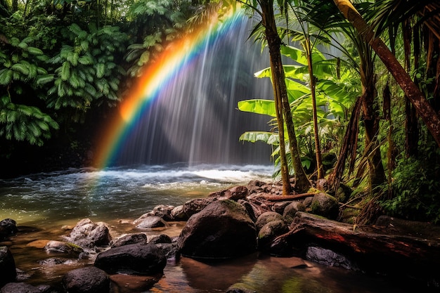 A rainbow forming over a waterfall in a tropical rainforest