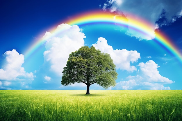 A rainbow framing a tranquil countryside scene