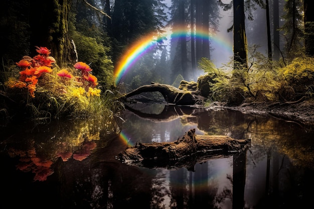 A rainbow framing a tranquil forest scene