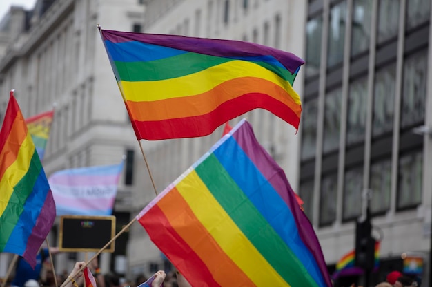 Rainbow gay pride flags at an lgbt gay pride solidarity parade