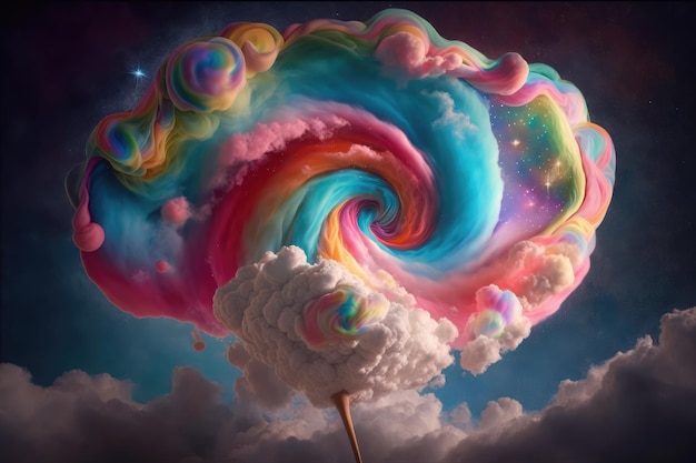 Rainbow glitter cotton candy swirling into cloud in the sky