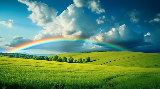 a rainbow over a green field in the style of light skyblue and dark emerald powerful symbolism