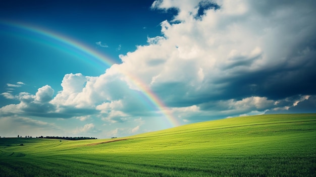 a rainbow over a green field in the style of light skyblue and dark emerald powerful symbolism