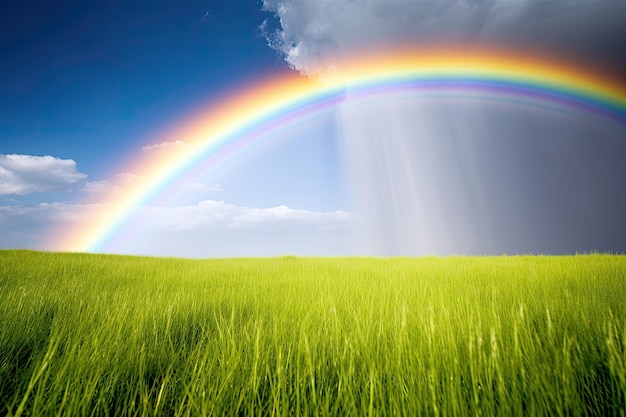 Rainbow over a green field with a blue sky and clouds