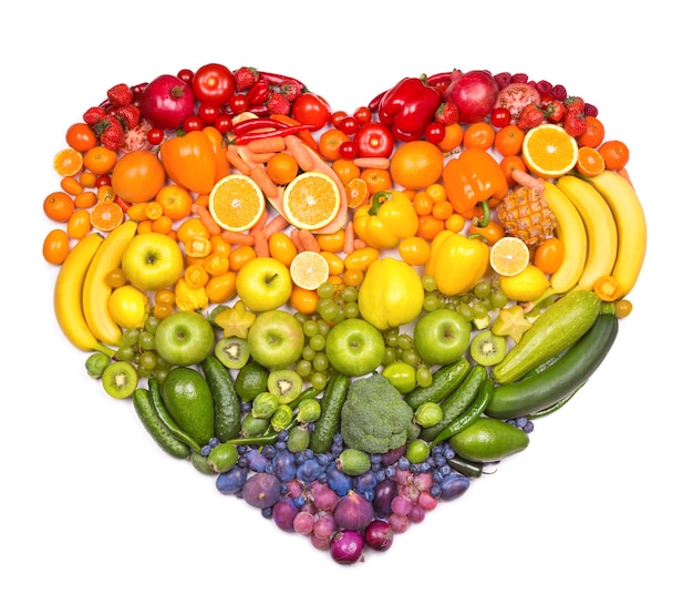 Rainbow heart of fruits and vegetables