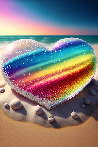 Rainbow heart sitting on top of a sandy beach generative ai