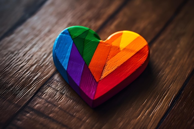 A rainbow heart on a wooden table