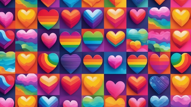 rainbow hearts are displayed on a purple background