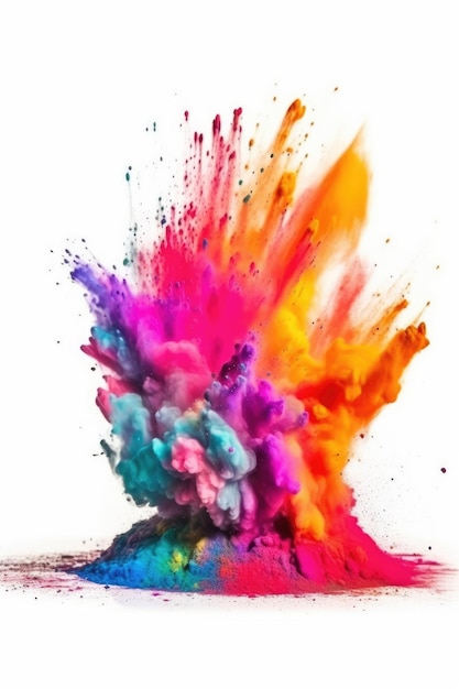 Rainbow holi powder paint explodes in multicolor on white background Generative AI