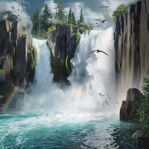 Photo a rainbow is coming out of a waterfall and the water is blue