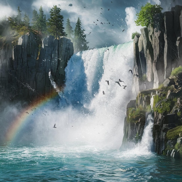 Photo a rainbow is flying over a waterfall and the water is a rainbow