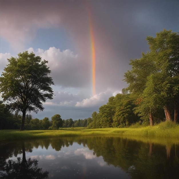 a rainbow is reflected in the water and the trees are reflected in the water