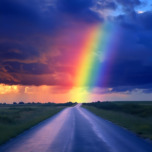 Photo a rainbow is over a road in the middle of a field